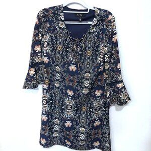 Jessica Simpson Blue/Purple Floral Lace Up Bell Sleeve Midi Dress Women's 2 / S